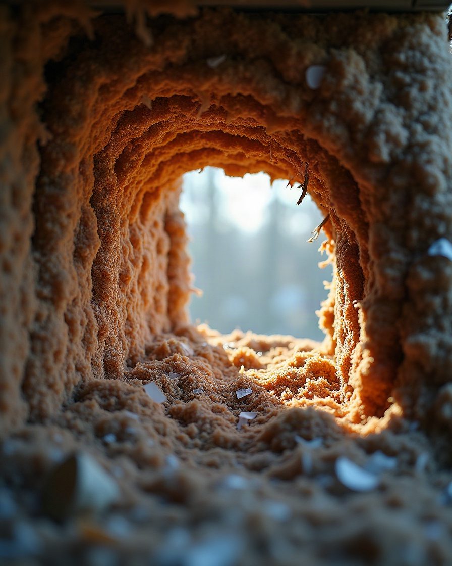 A loft corner with fibreglass insulation pulled apart into a rough hollow and shredded paper fragments gathered