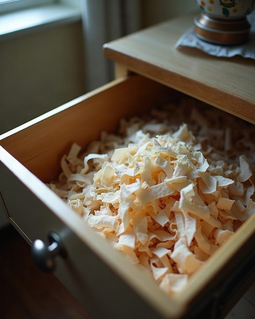A disused drawer opened to show shredded paper and fabric fragments packed into one corner, plain domestic interior
