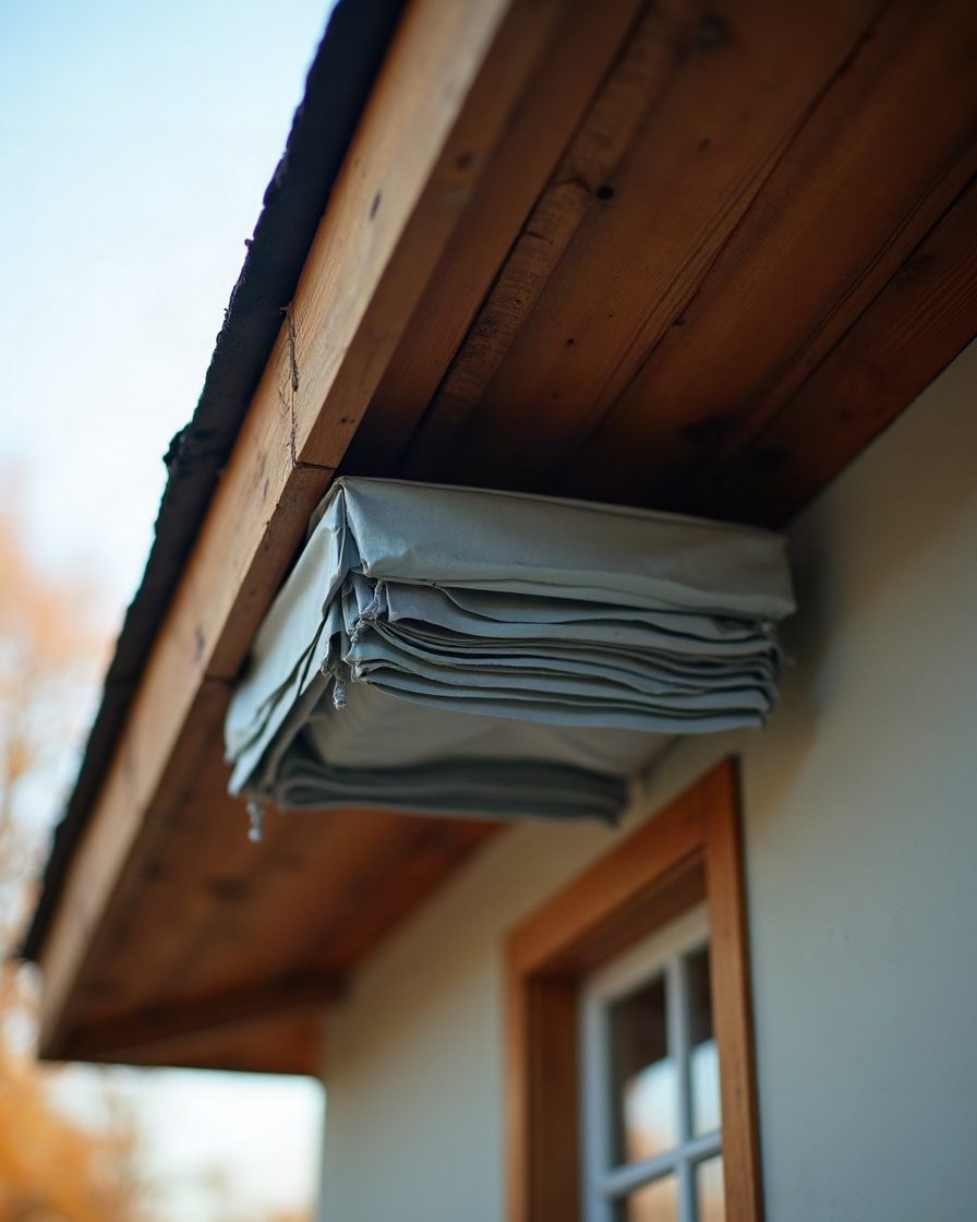 A grey papery layered structure attached under a wooden eave seen from below, autumn sky behind