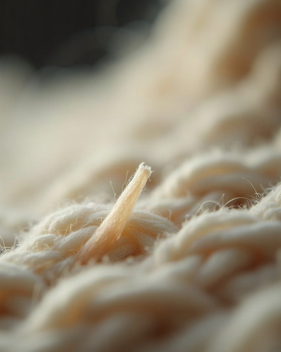 Close macro of a small pale silk tube attached to the fibres of a woollen fabric surface, raking daylight