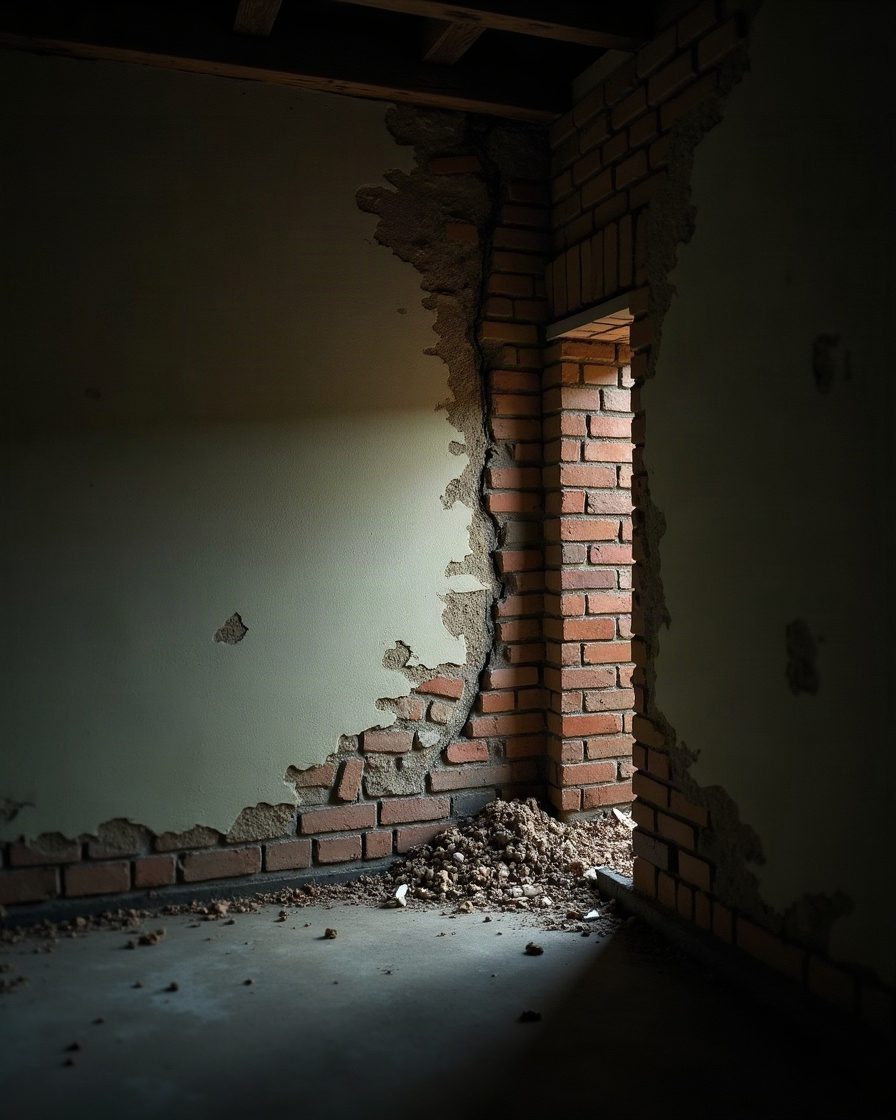 A dim garage wall corner with a dense funnel of silk leading into a crack in the brickwork, torch beam across it