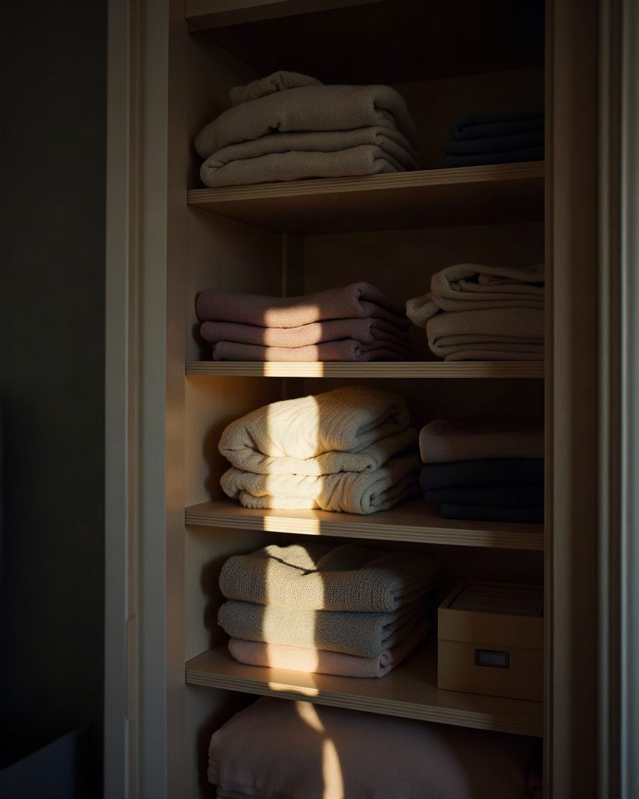 Wardrobe interior with folded wool jumpers on a shelf and a torch beam raking across the wardrobe floor