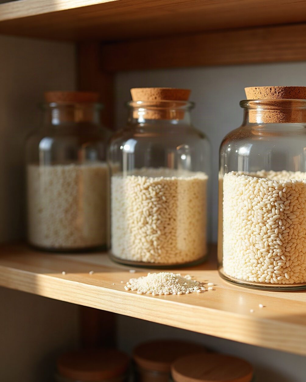 Kitchen shelf in daylight, open glass storage jars of rice and flour with plain cork lids beside them