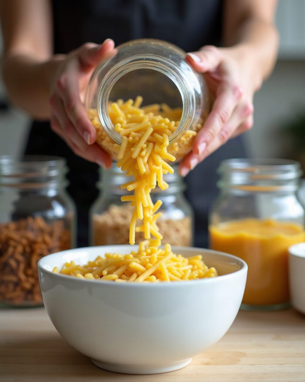 Hands tipping dry pasta from a plain glass jar into a white ceramic bowl over a kitchen counter