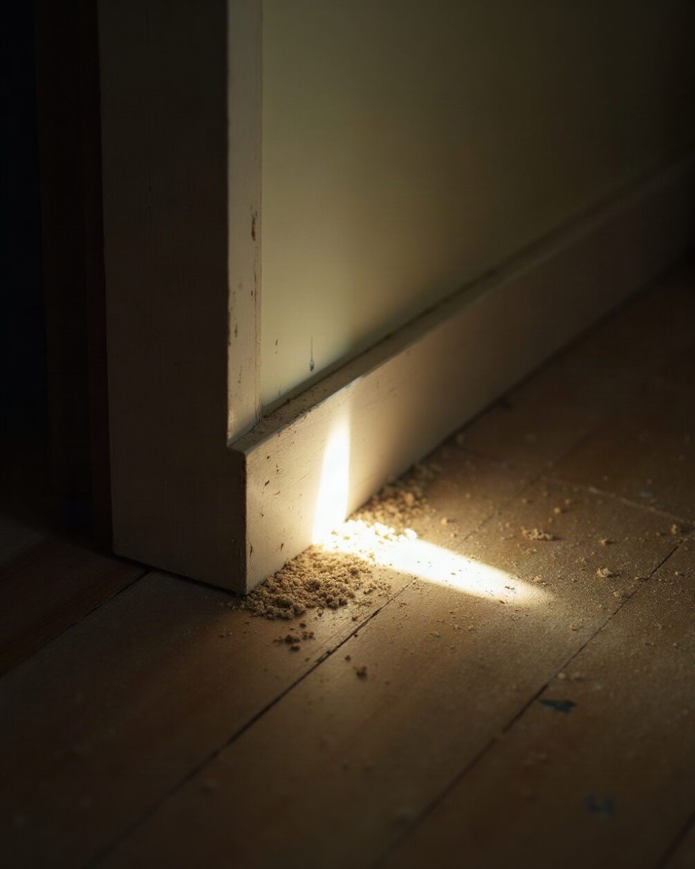 Skirting board and floor junction in a lit hallway, a torch beam raking along the gap