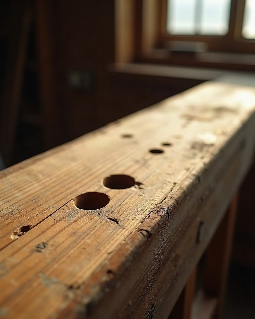 Close view of an old timber beam surface in raking daylight showing several small round holes of differing sizes