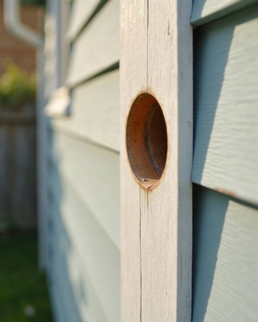 A wooden exterior fascia board with one clean round hole roughly a finger's width across