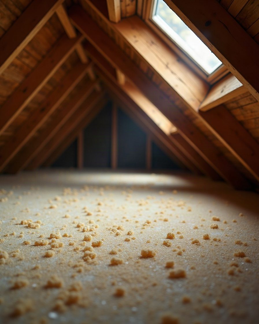 Loft interior with fibreglass insulation between joists