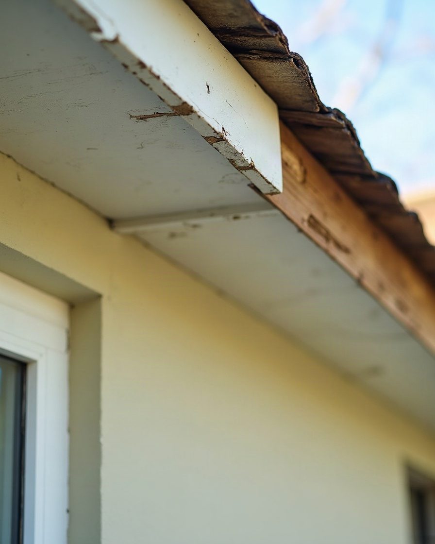 A roof soffit and fascia board seen from below in daylight with a torn gap at the corner and splintered timber