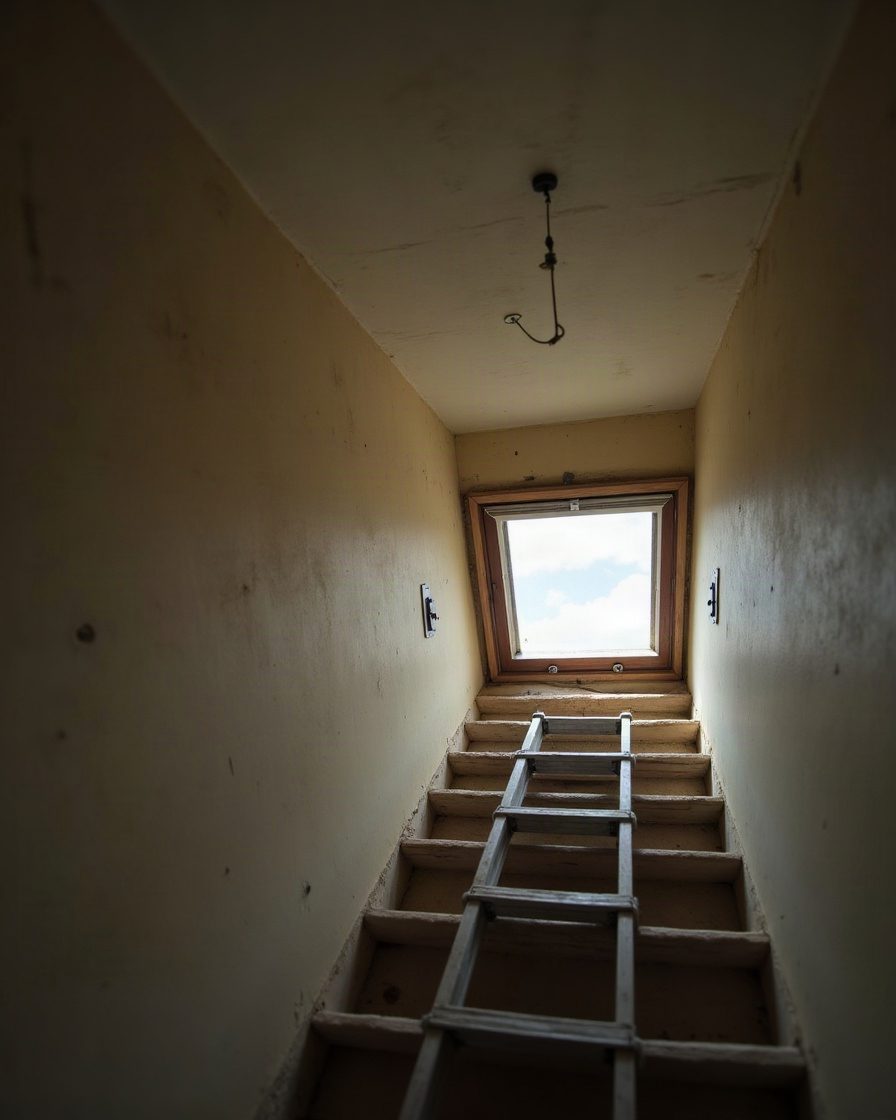 A loft hatch open from below with a ladder edge and dim light beyond, plain landing ceiling
