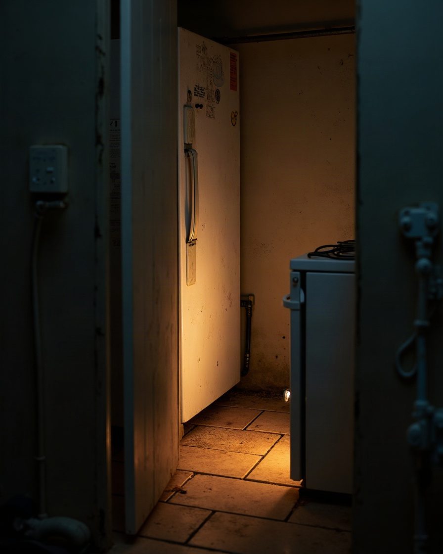 The narrow warm gap behind a kitchen appliance seen from the side with a torch beam angled into it
