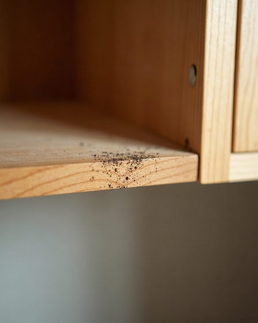 Close macro of a kitchen cupboard shelf corner in raking torch light showing fine dark specks gathered along the