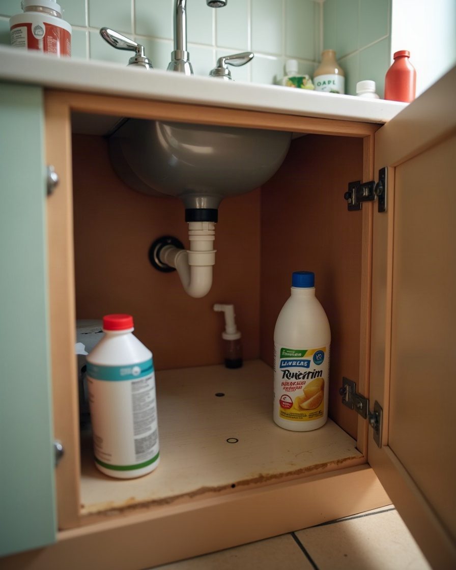 An under-sink cupboard opened in daylight showing a pipe joint and a faint damp ring on the chipboard base
