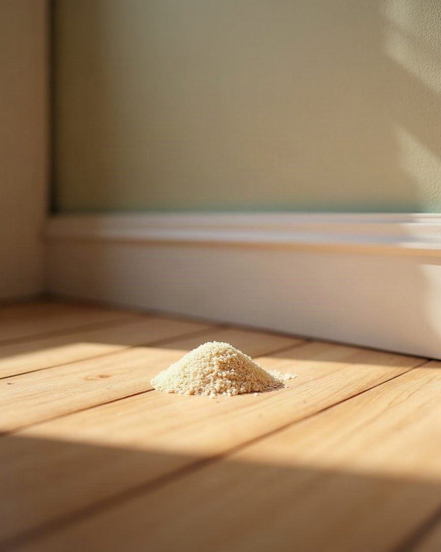 A small conical pile of pale sand-coloured pellets on a wooden floor beneath a skirting board