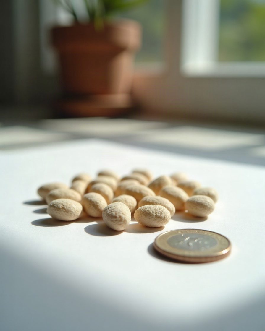 Close macro of pale pellets spread on a sheet of white paper with a coin beside for scale