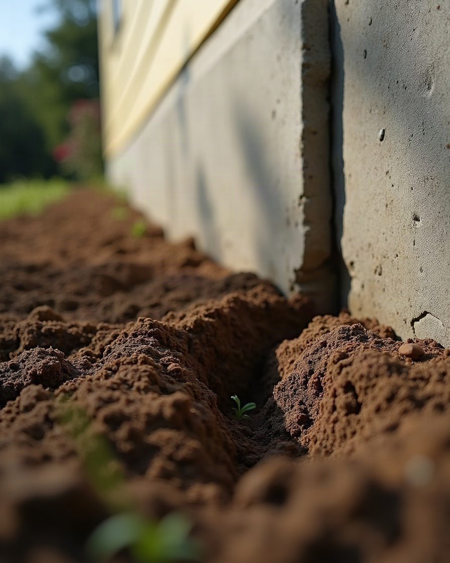 Exterior view of a house foundation meeting soil with a narrow vertical earth ridge running up the concrete