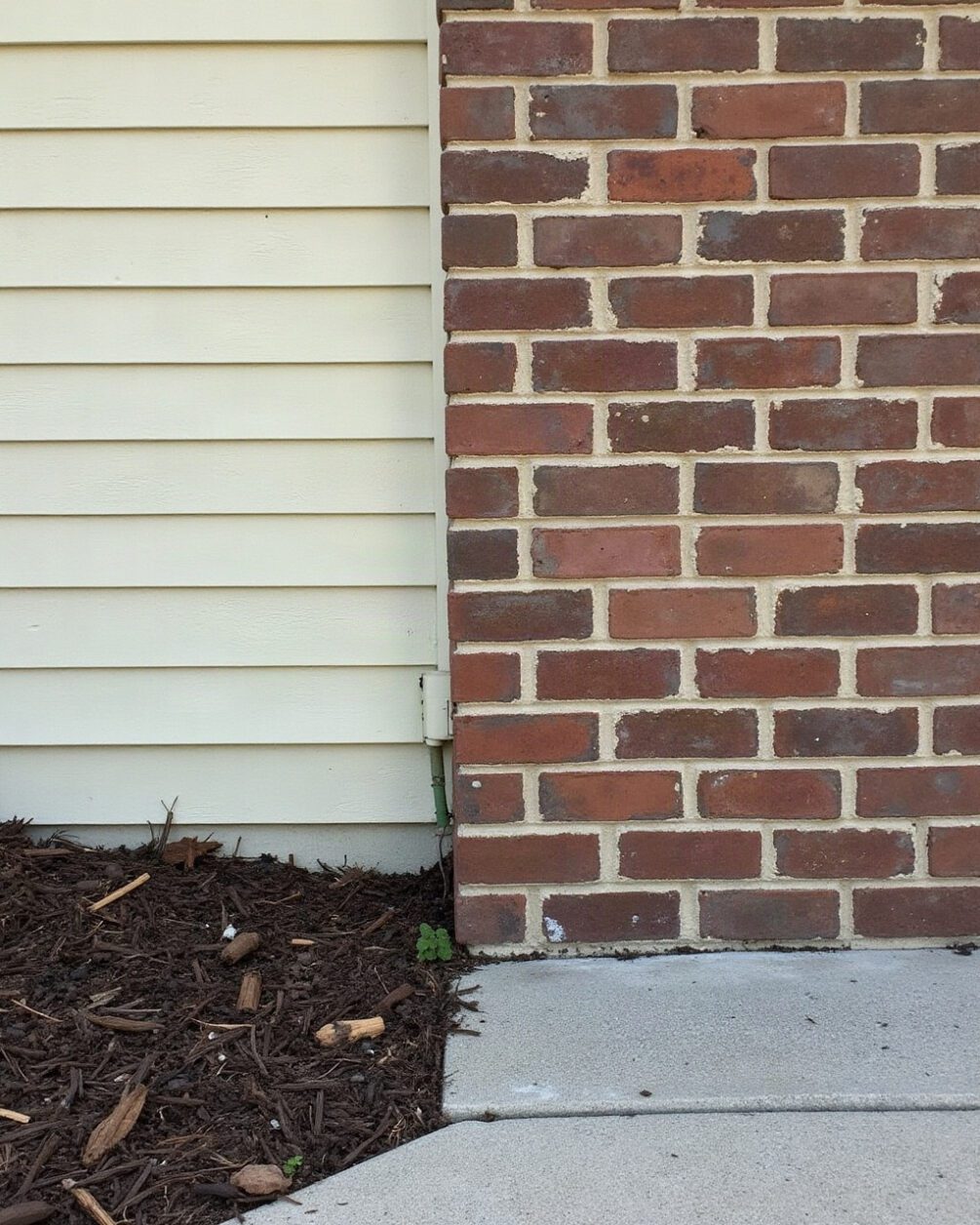 Exterior house wall meeting a concrete path, damp soil and mulch piled against the brickwork