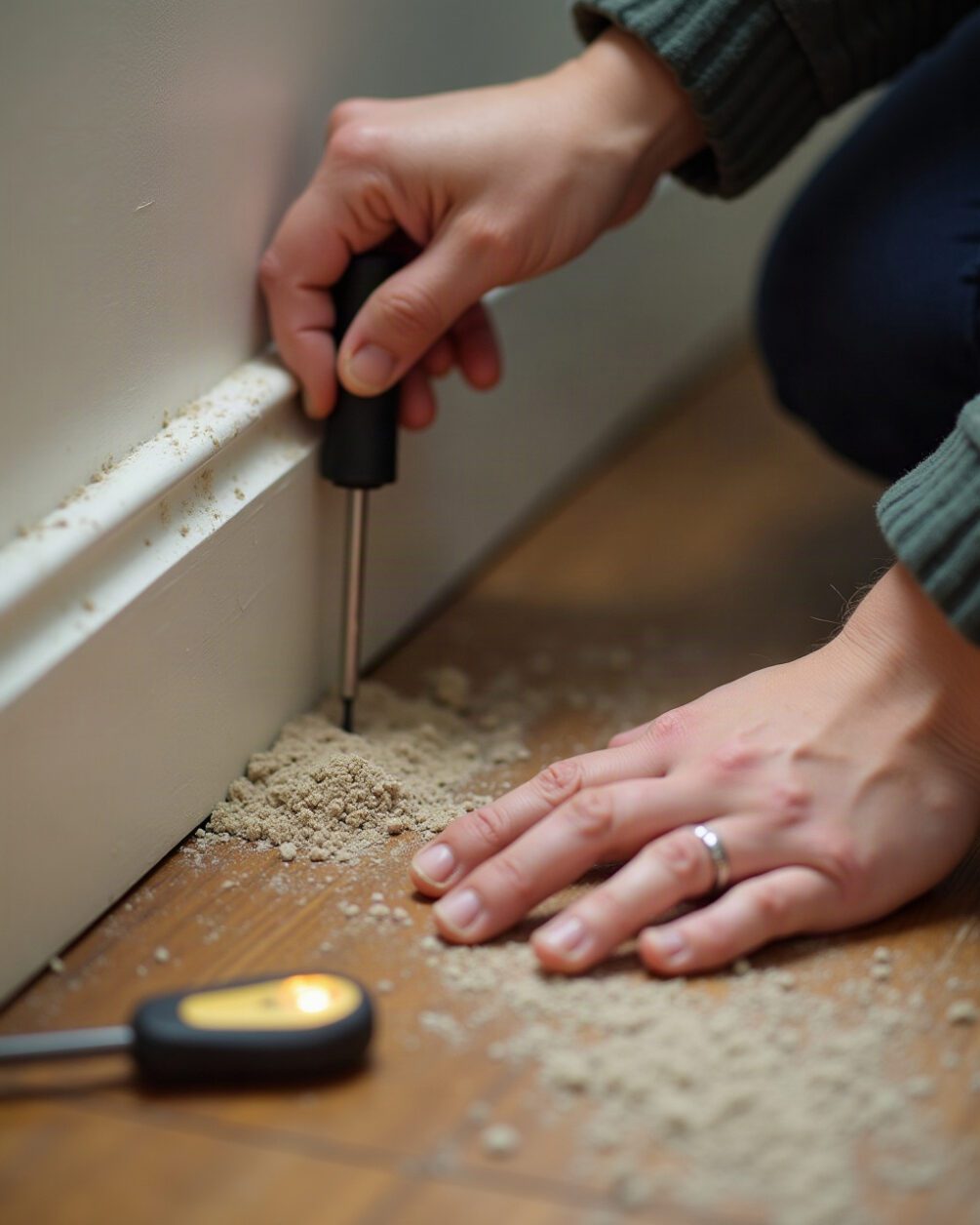 Hands tapping a skirting board with a screwdriver handle beside a small pile of fine dust on the floor