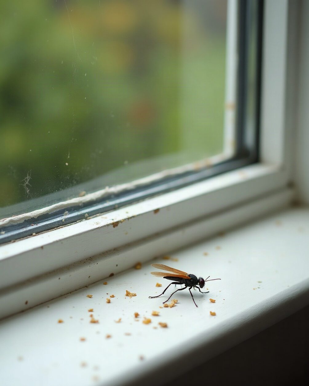 Pale windowsill in spring daylight with a small pile of discarded insect wings along the paint edge