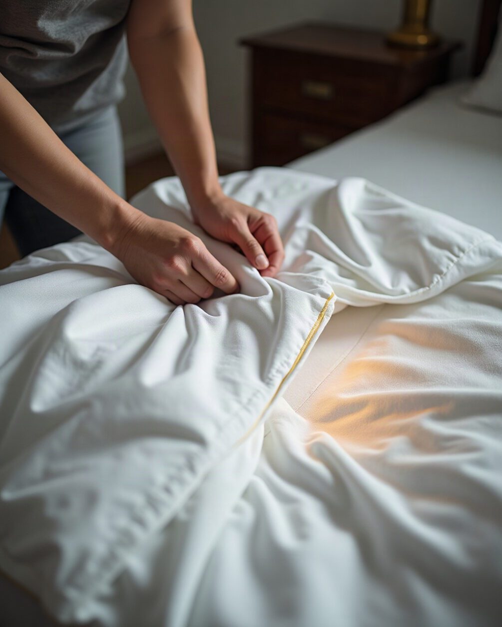 Hands lifting the corner of a white fitted sheet away from a bare mattress to expose the piped seam