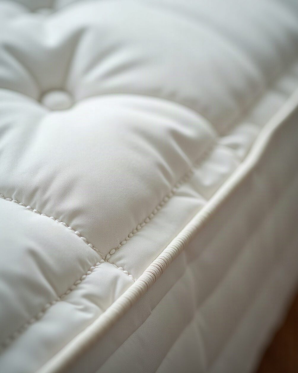 Close macro of a mattress seam and piping in raking light, textured stitching and faint dust caught along the cord