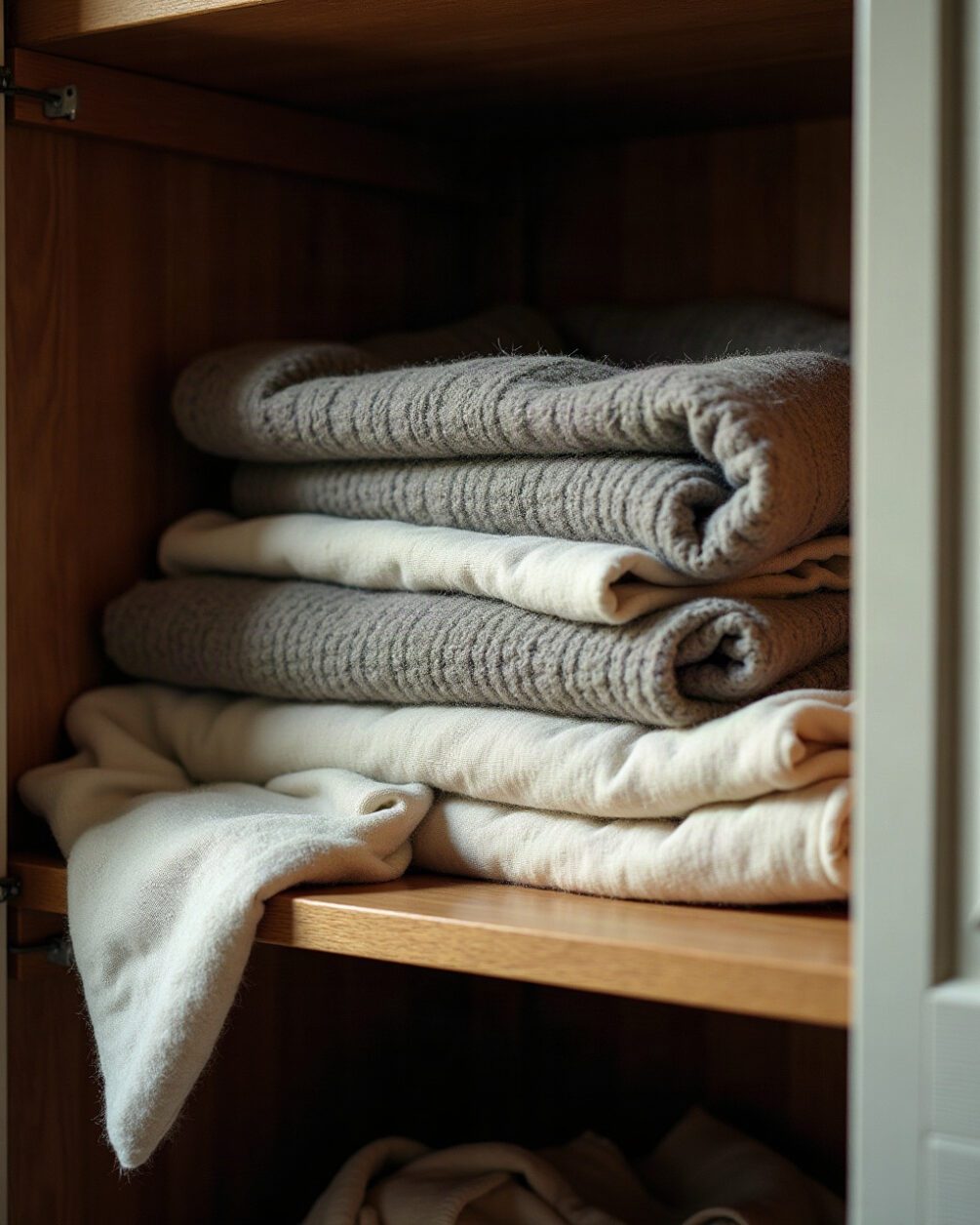 A folded wool blanket and a stack of stored linen on a wardrobe shelf, one corner pulled forward into the light