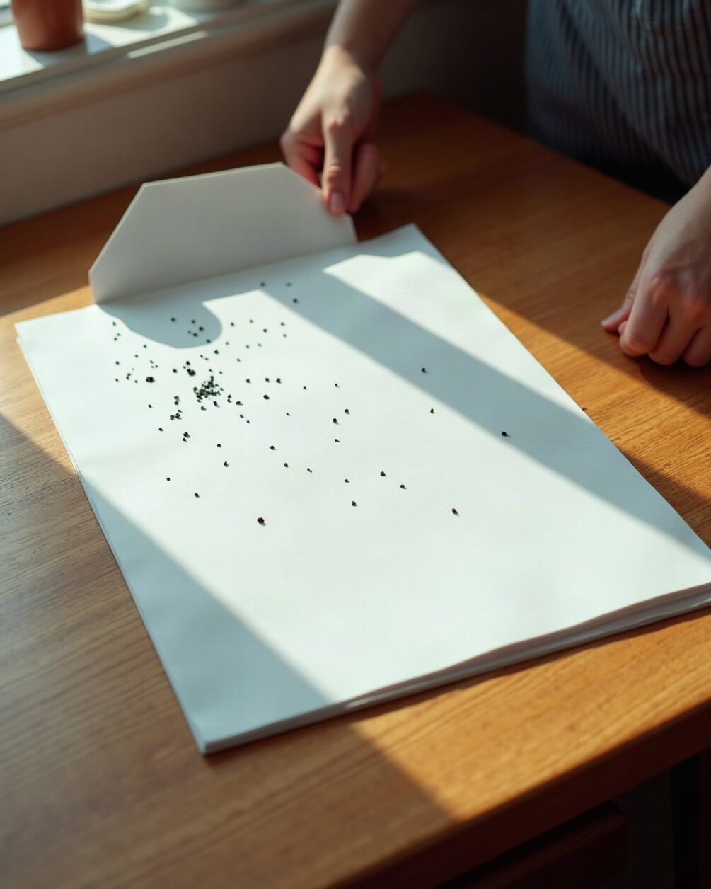 A sheet of white paper on a kitchen table with a small scattering of dark specks tipped onto it
