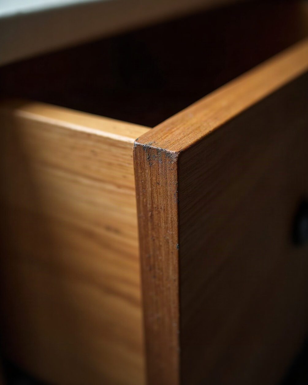 Close macro of a kitchen drawer corner in raking torch light showing fine dark grit along the joint