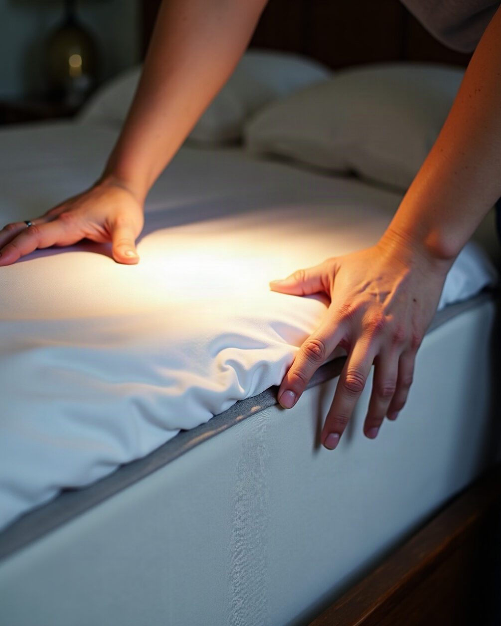 Hands folding back a white fitted sheet at a mattress seam under torch light