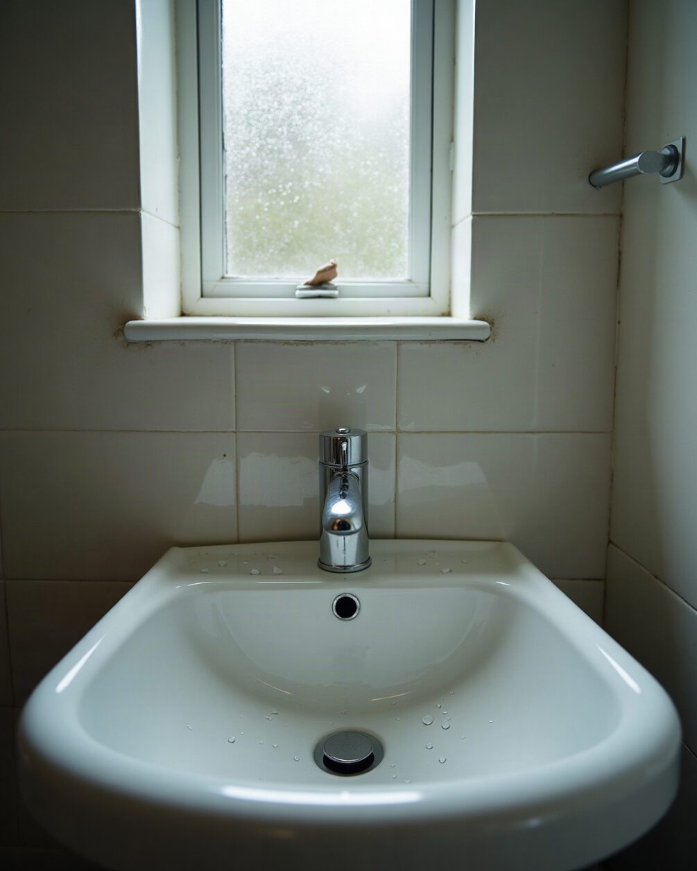 Bathroom basin and chrome drain in cool morning light, water droplets on the ceramic