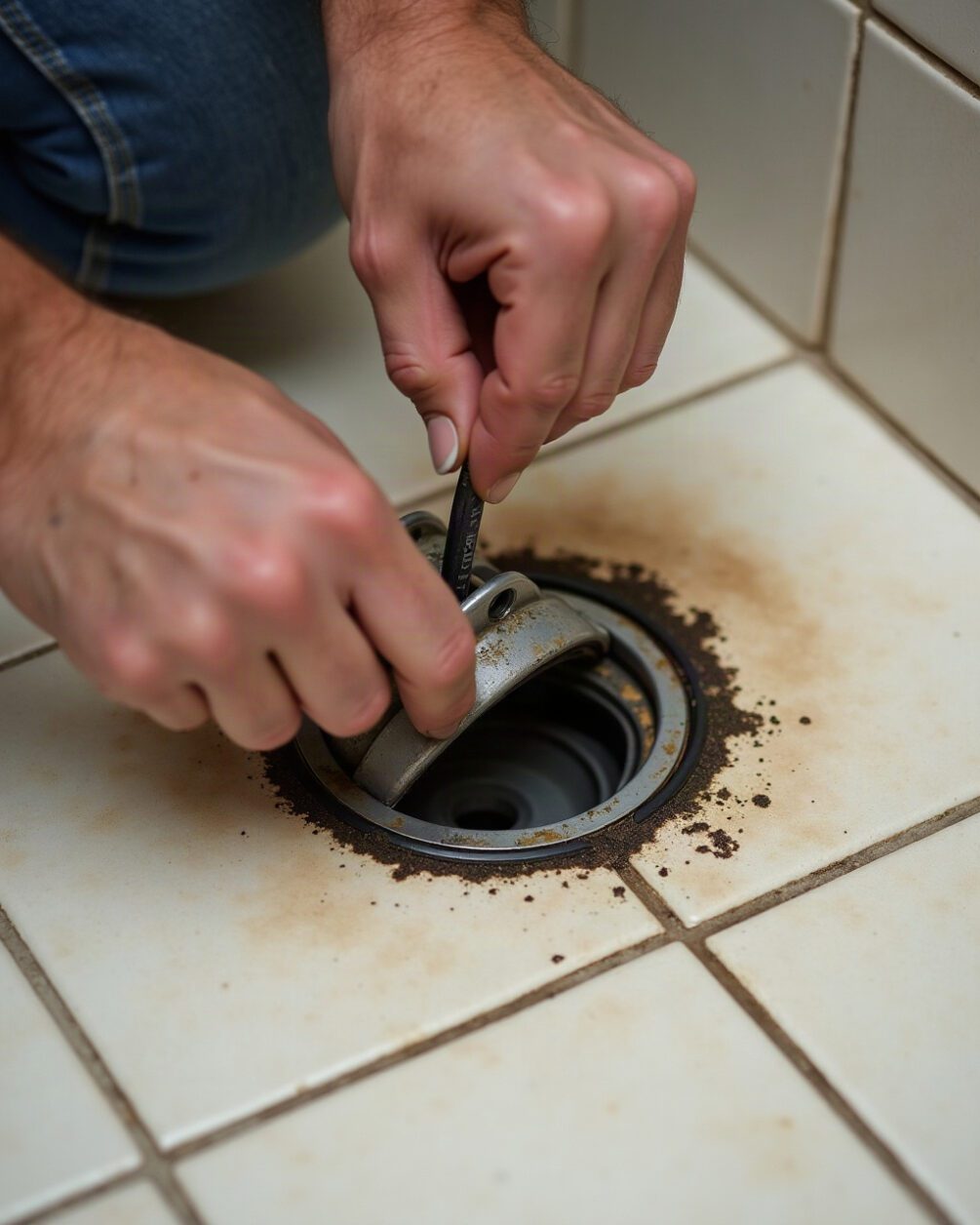 Hands lifting a shower drain cover with a screwdriver, dark damp residue visible at the rim, tiled floor