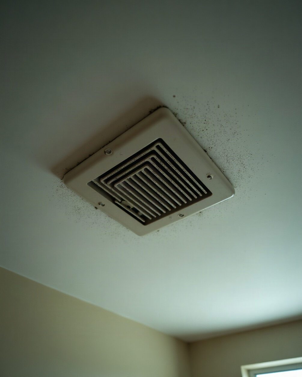 Bathroom extractor fan grille on a ceiling seen from below, faint dust on the vanes