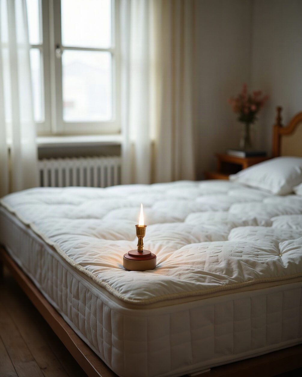 A small torch resting on the bed, white bedding folded beside, honest window light