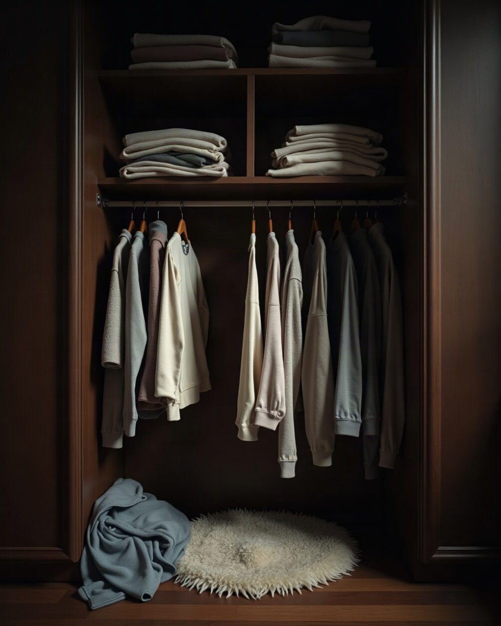 Wardrobe interior with folded wool jumpers on a shelf and hanging clothes pushed aside