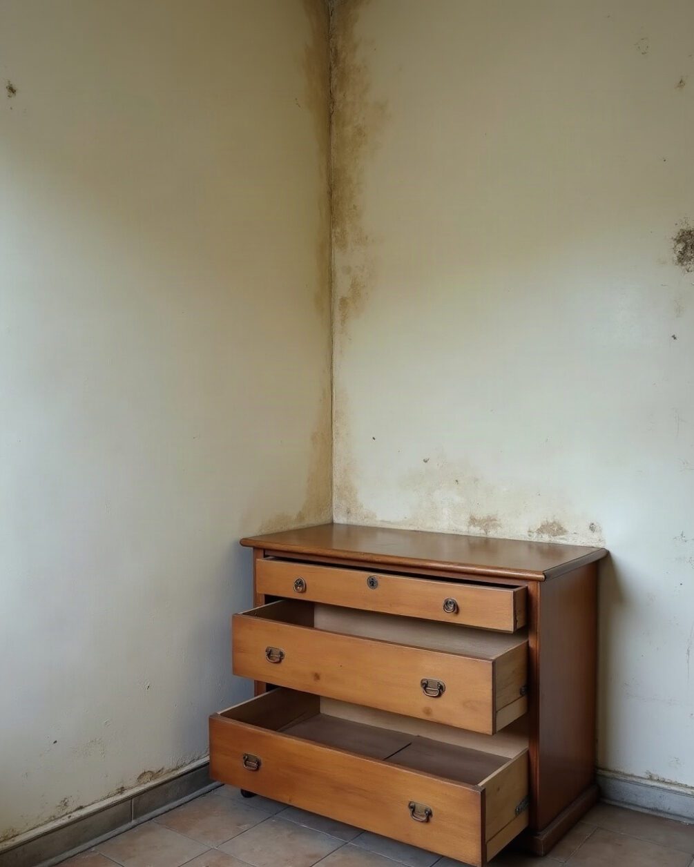 Bedroom corner where an external wall meets the skirting behind a chest of drawers pulled forward