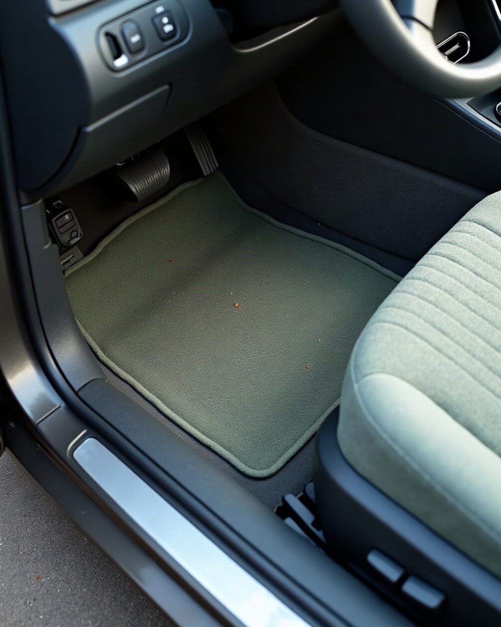 Car interior in daylight seen from the open passenger door, fabric seat and floor mat lifted at one corner