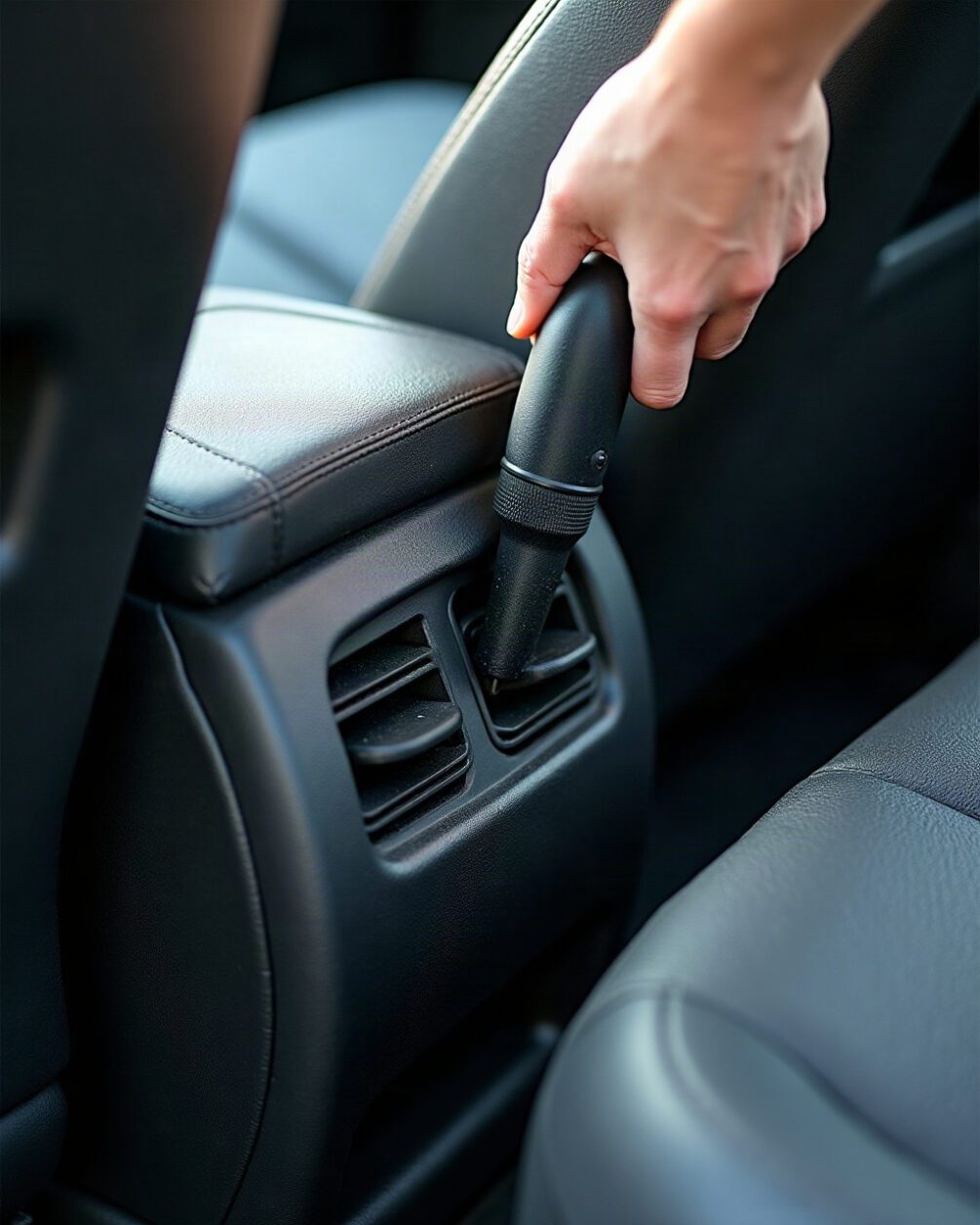 Hands vacuuming under a car seat rail with a narrow crevice nozzle, seat pushed fully forward