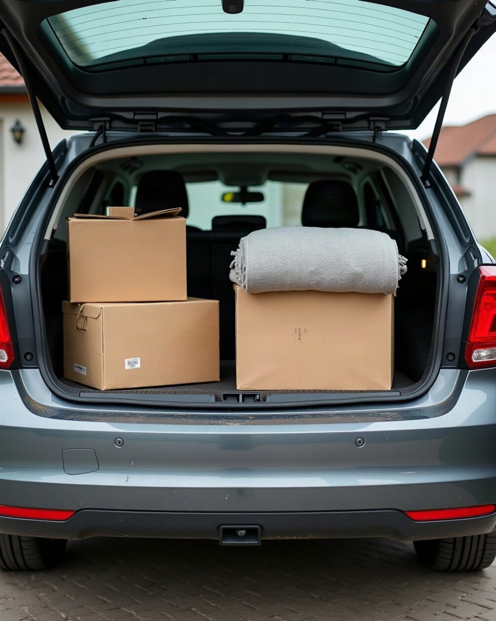 Cardboard boxes and a folded picnic blanket loaded in a car boot, tailgate open onto a driveway