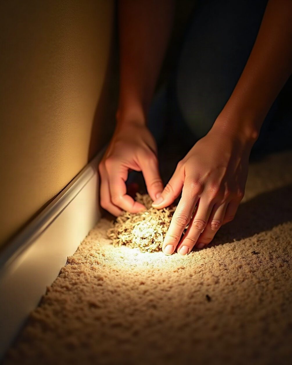 Hands parting the pile of a beige carpet near a skirting board with a torch beam across the fibres