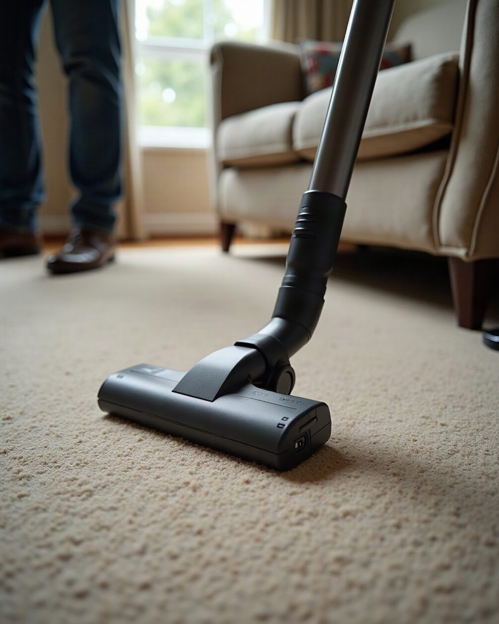 A vacuum cleaner nozzle held at the junction of carpet and skirting board, edge of a sofa leg visible