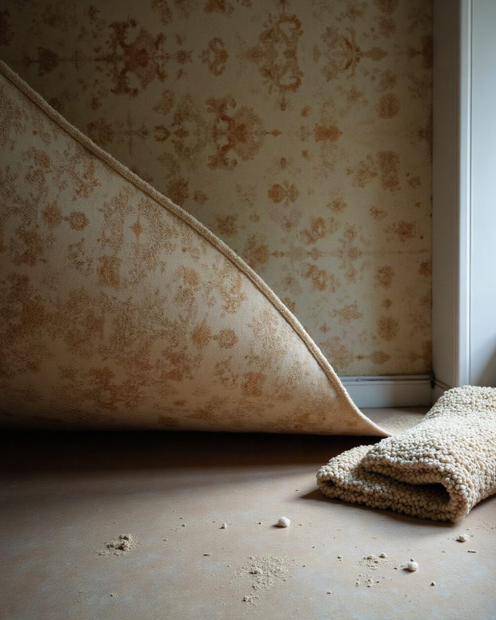 Underside of a rug turned back over a floor to show the backing and the dust beneath, a folded wool blanket nearby