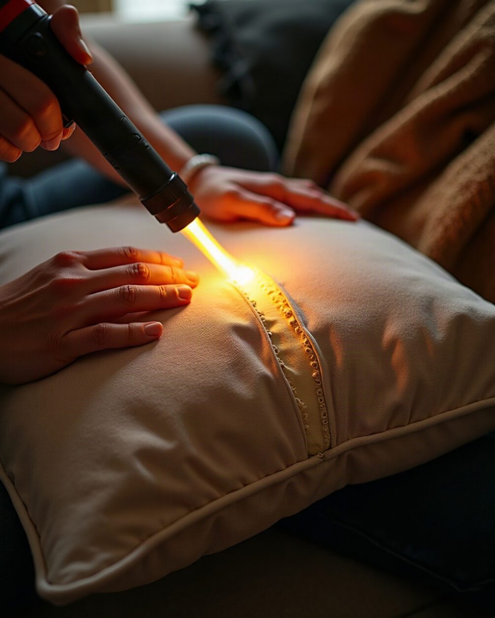 Hands lifting a sofa cushion to expose the seam and frame beneath, torch beam across the fabric join