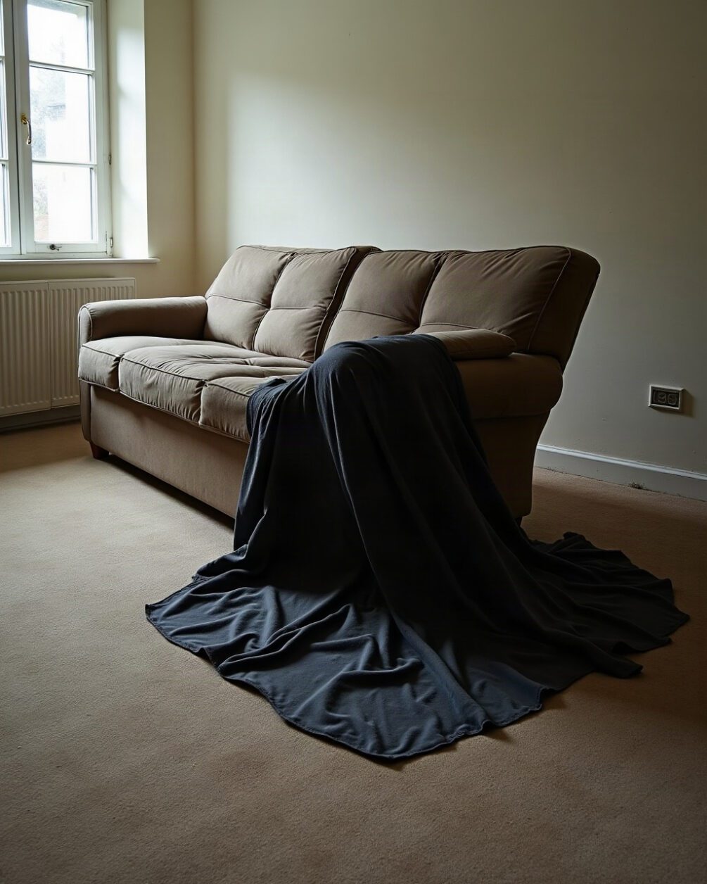A sofa tipped back on its side on a carpet to reveal the black dust cover on the underside, one corner peeled loose