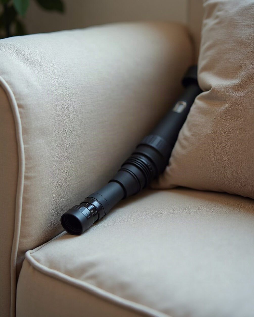 Vacuum crevice nozzle worked into the gap between a sofa arm and seat cushion, cushion pulled aside
