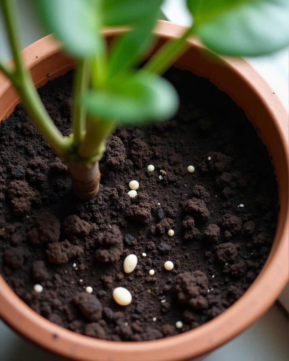 Top-down view of a houseplant pot with dark damp compost surface, a few small pale grains of perlite visible