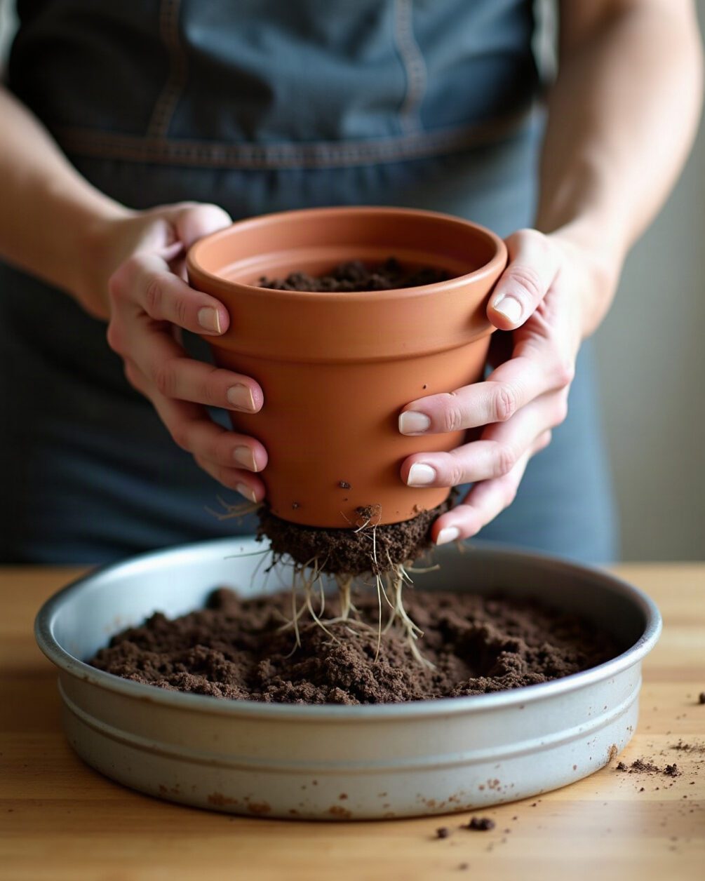 Hands tipping a plain terracotta pot sideways over a shallow metal tray to slide out the root ball