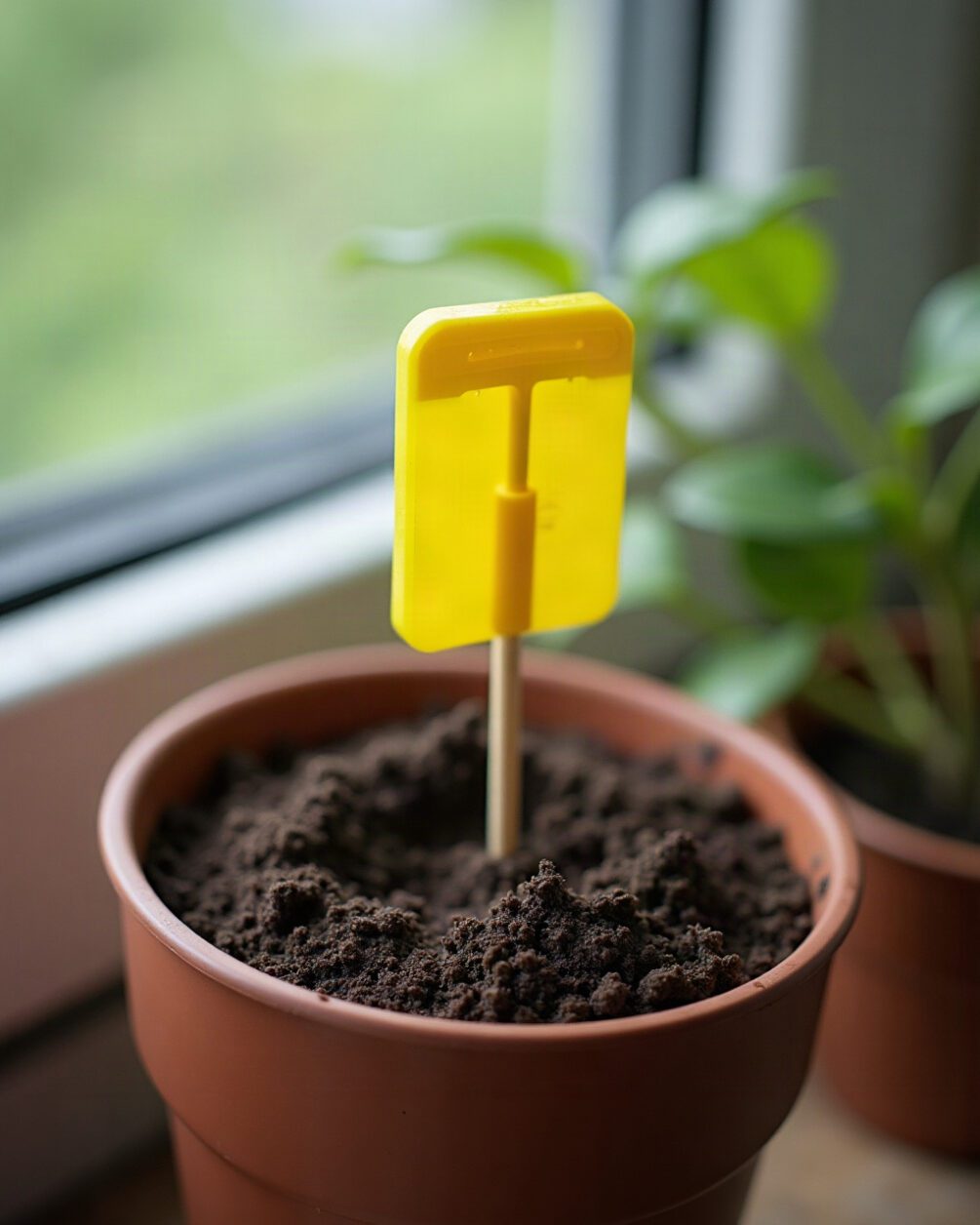 A yellow sticky trap on a short stake pushed into the compost of a potted plant on a windowsill