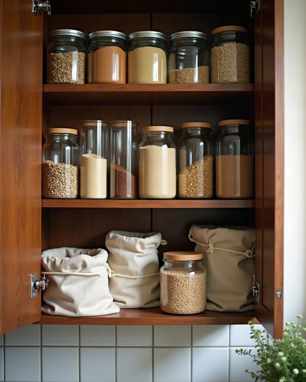 Open kitchen cupboard in daylight showing shelves of dry goods in plain glass jars and unmarked cloth sacks