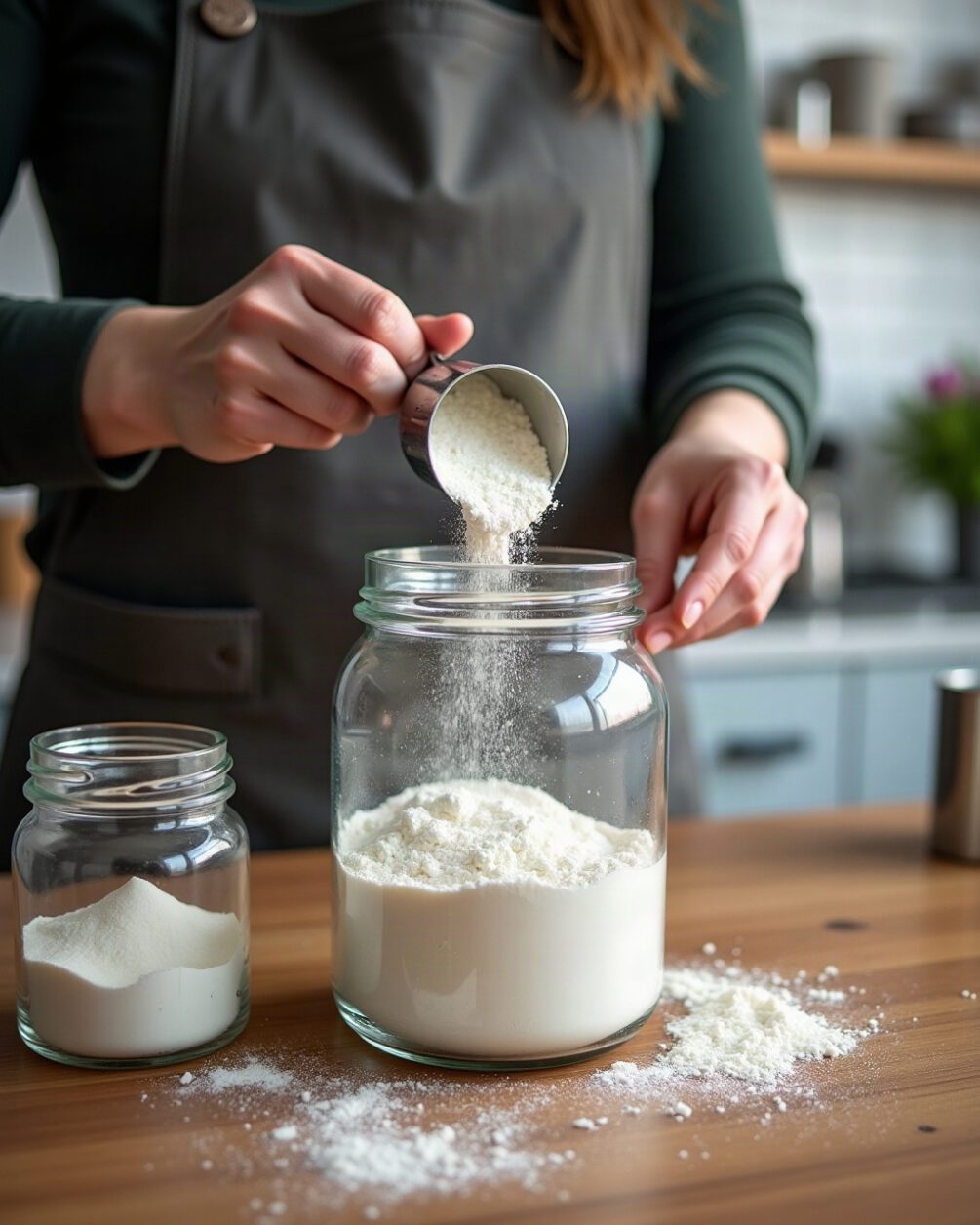 Hands emptying flour from a metal scoop into a clear glass storage jar over a kitchen counter