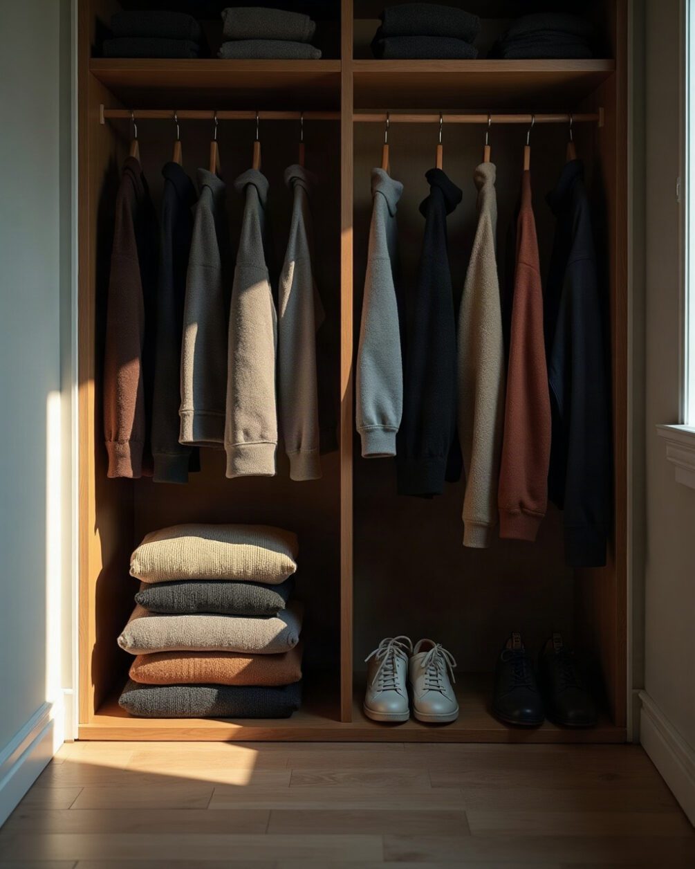 Wardrobe interior in daylight with folded wool jumpers on a shelf and hanging garments pushed to one side